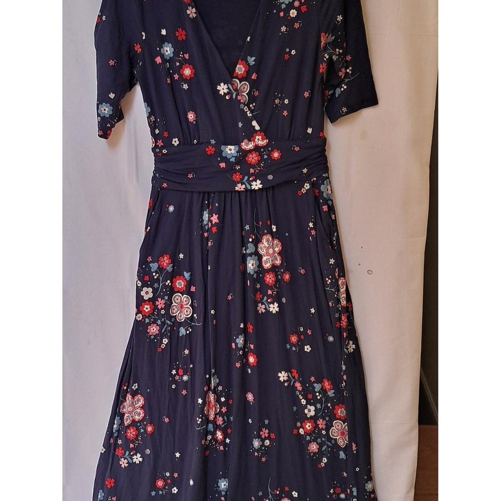 Boden Navy Floral Faux Wrap Midi Dress Short Sleeve Pockets Blue Red US 4L - Picture 2 of 16